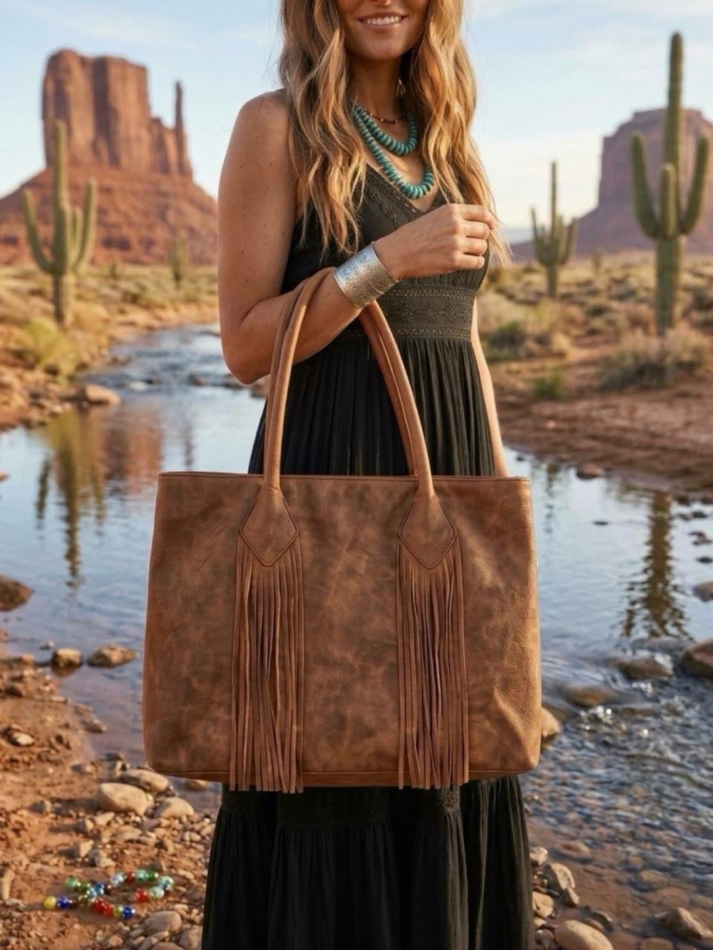 Faux-Suede Fringe Tote Bag in Brown